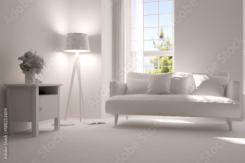 Idea of white room with sofa and summer landscape in window. Scandinavian interior design. 3D illustration