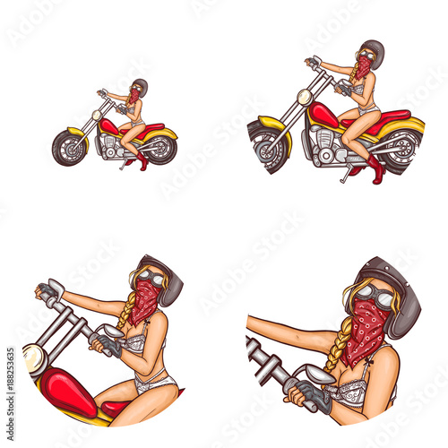 Set of vector pop art round avatar icons for users of social networking, blogs, profile icons. Sexy blonde biker girl in underwear, helmet, goggles, bandana on custom motorcycle. Isolated illustration