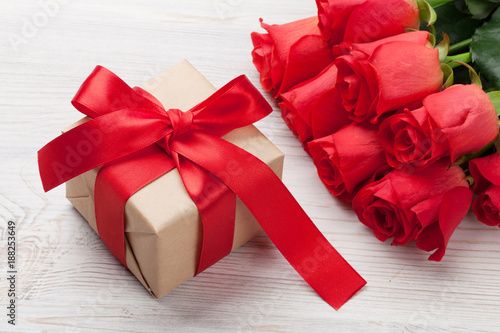 Valentines day gift box and red roses