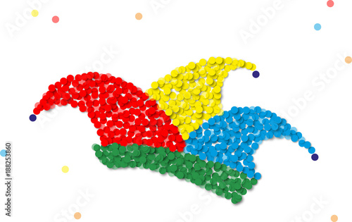 Narrenkappe aus roten, grünen, gelben und blauen Konfettis mit Konfettis im Hintergrund photo