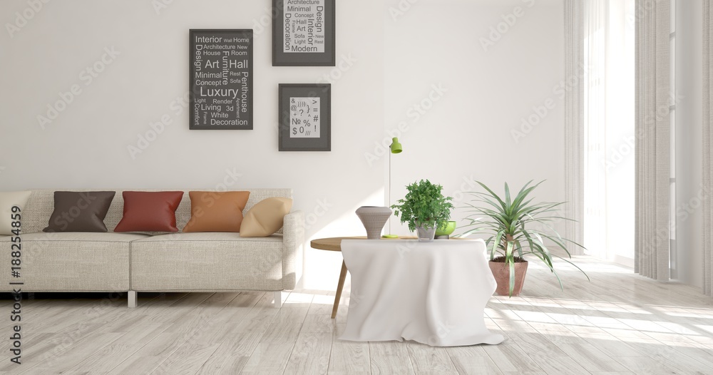 Idea of white minimalist room with sofa. Scandinavian interior design. 3D illustration Idea of white minimalist room with sofa. Scandinavian interior design. 3D illustration