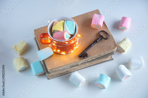 Cup of coffee with marshmallows and books with key