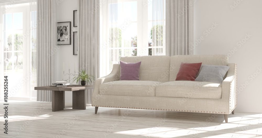 Idea of white minimalist room with sofa. Scandinavian interior design. 3D illustration Idea of white minimalist room with sofa. Scandinavian interior design. 3D illustration