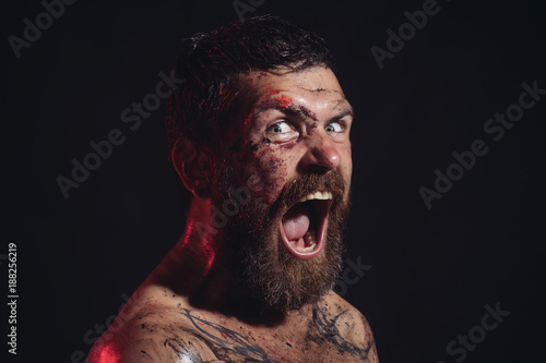 Vászonkép Hipster with beard, mustache shout with horror on black background