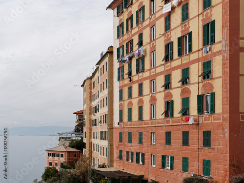 Scenic Mediterranean riviera coast. Panoramic view of Camogli to