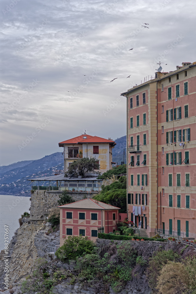 Scenic Mediterranean riviera coast. Panoramic view of Camogli town in Liguria
