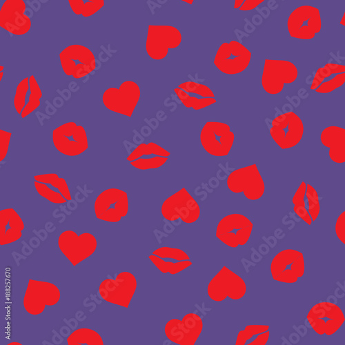Valentine's Day Hearts, Lips and Kisses, Lipstick Marks Pattern in Red and Ultra Violet - 2018 Color of the Year. Modern Romantic Background Textures. Love Symbols. Seamless Vector Pattern Tile Swatch
