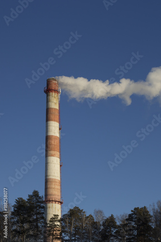 Smoke pipe CHP against the blue sky, the tops of trees are visible