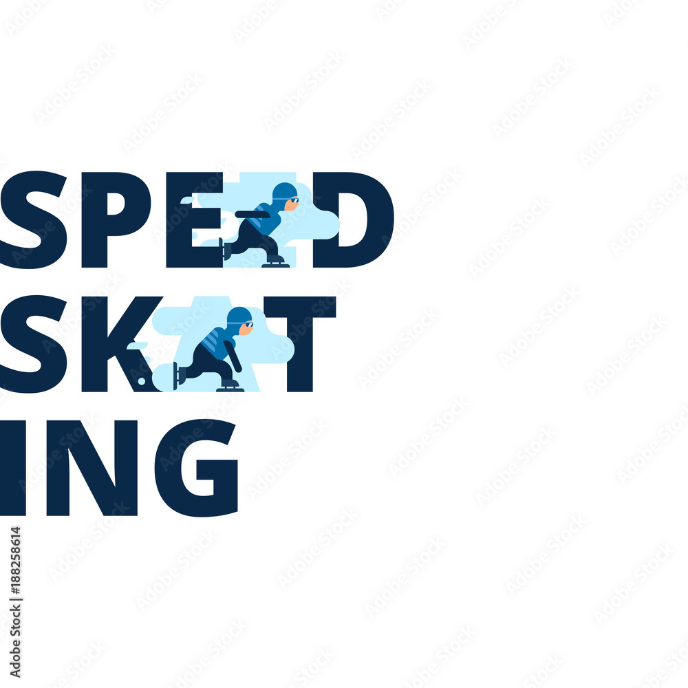 Vector inscription speed skating with a flat athletes. Winter sport. Kind of winter games. Stylish headline isolated on white background