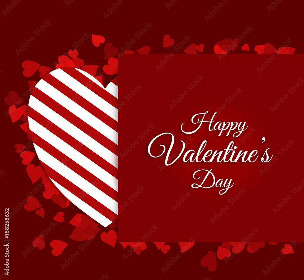 Inscription Happy Valentine's Day on a red background surrounded by red hearts with a partially hidden underneath the heart in white and red stripes