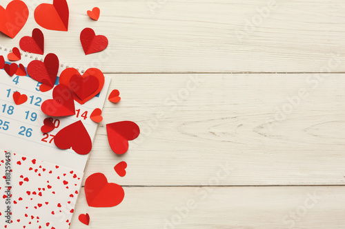 Tablou pe pânză Calendar page with the red hearts on february 14