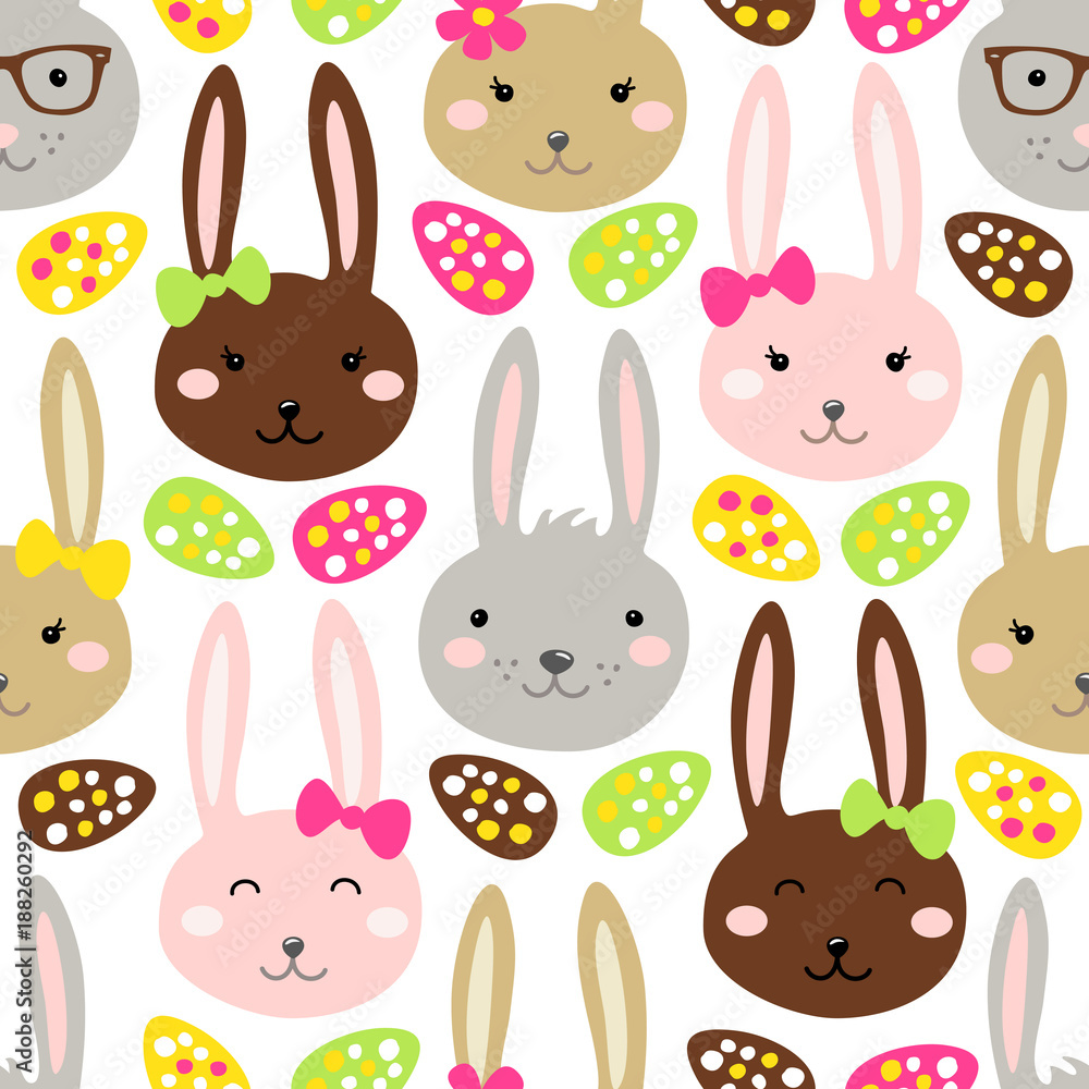 Obraz premium Cute Easter seamless pattern design with funny cartoon characters of bunnies