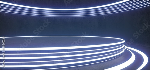 3D Rendering Of Interior Concrete Stage With Neon Lights Closeup