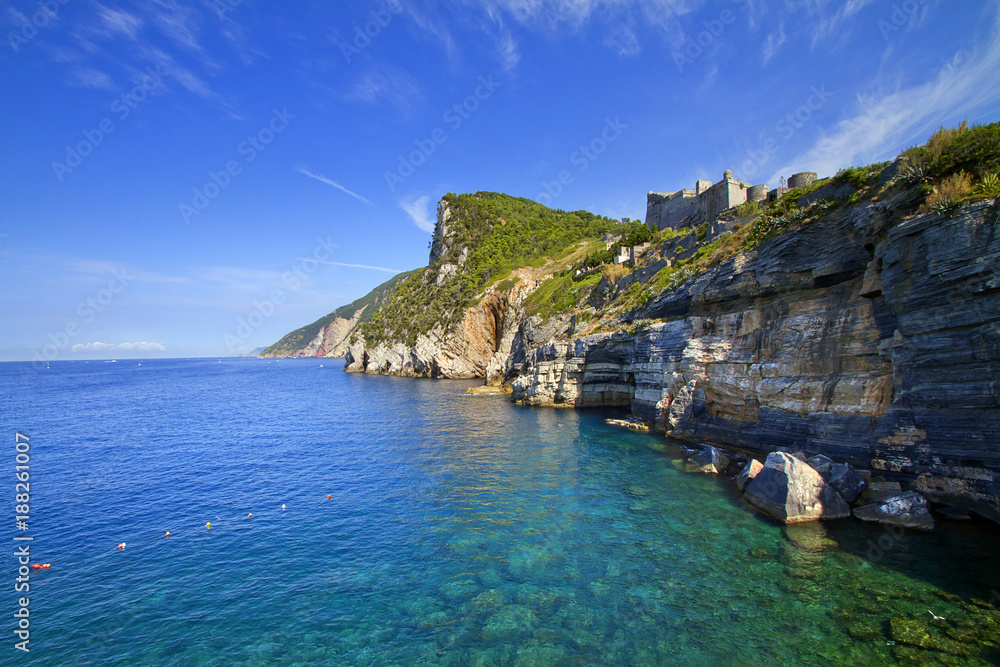 Mare Ligure con Golfo dei Poeti a Porto Venere Liguria Italia Europa Ligurian Sea with Gulf of Poets in Porto Venere Liguria Italy Europe