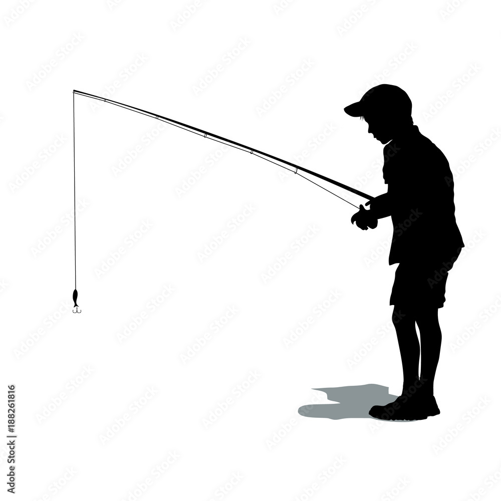 Silhouette of boy in t-shirt and shorts with a fishing rod. Fishing in the  sea or on a river Stock Vector
