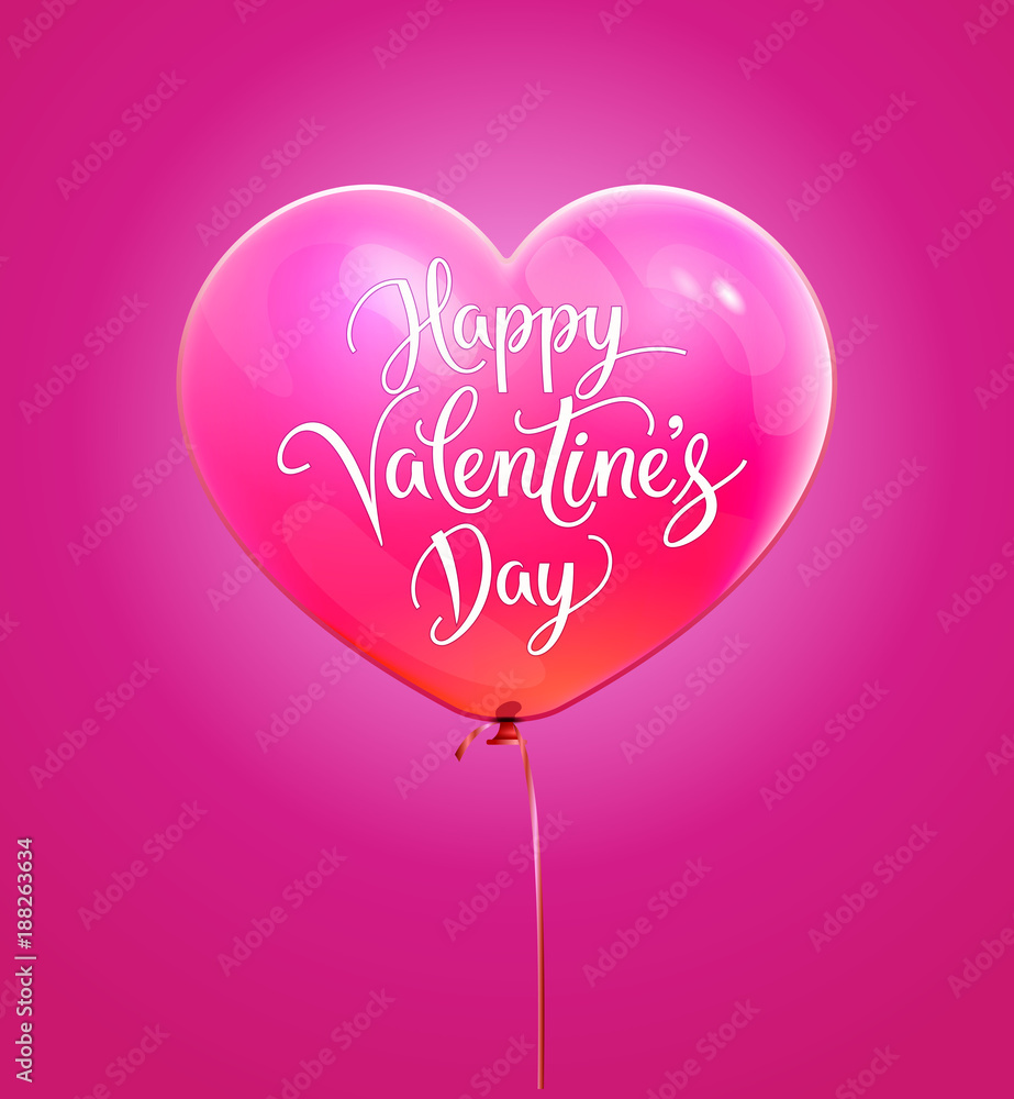 Valentines day lettering typography text on 3d ballon in form of heart isolated on pink background. Vector lettering typography illustration. EPS 10