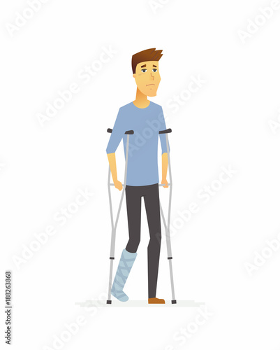 Young man on crutches - cartoon people characters isolated illustration