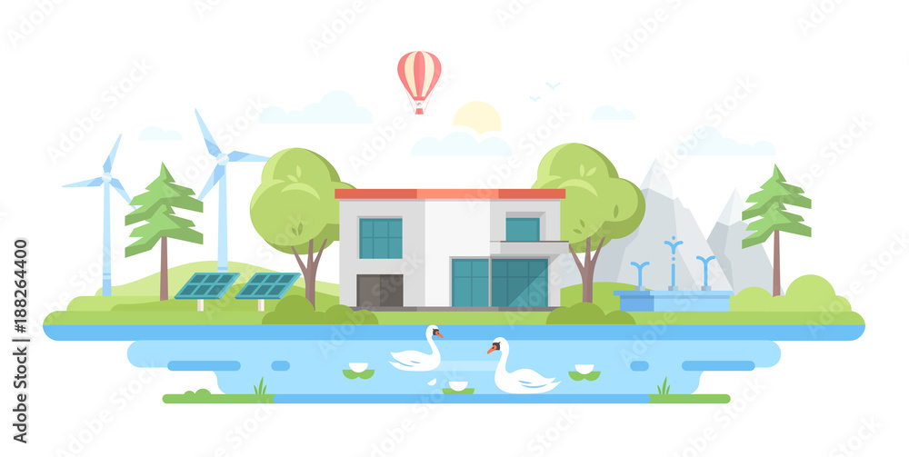 Landscape with a pond - modern flat design style vector illustration