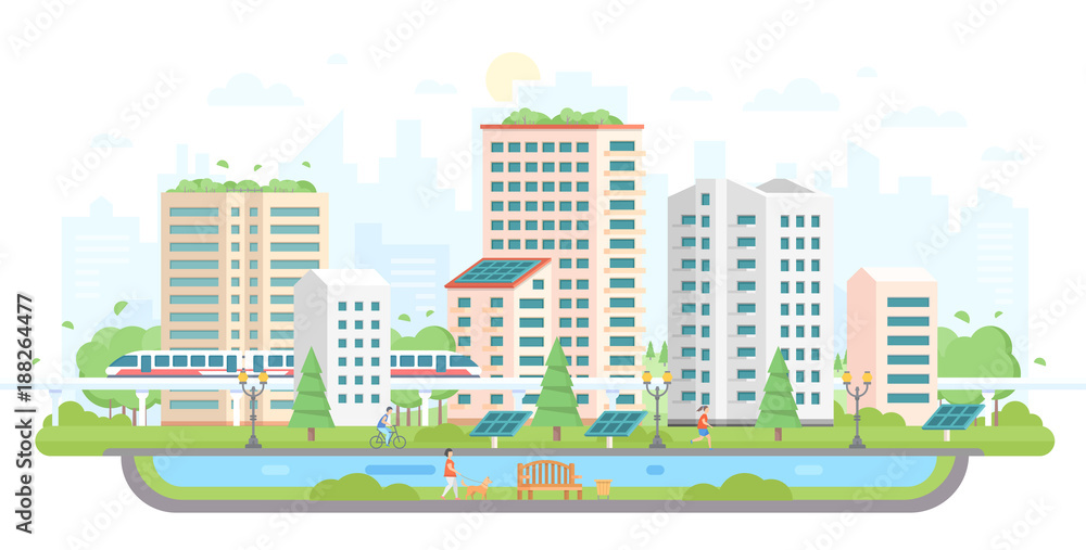 Cityscape with solar panels - modern flat design style vector illustration