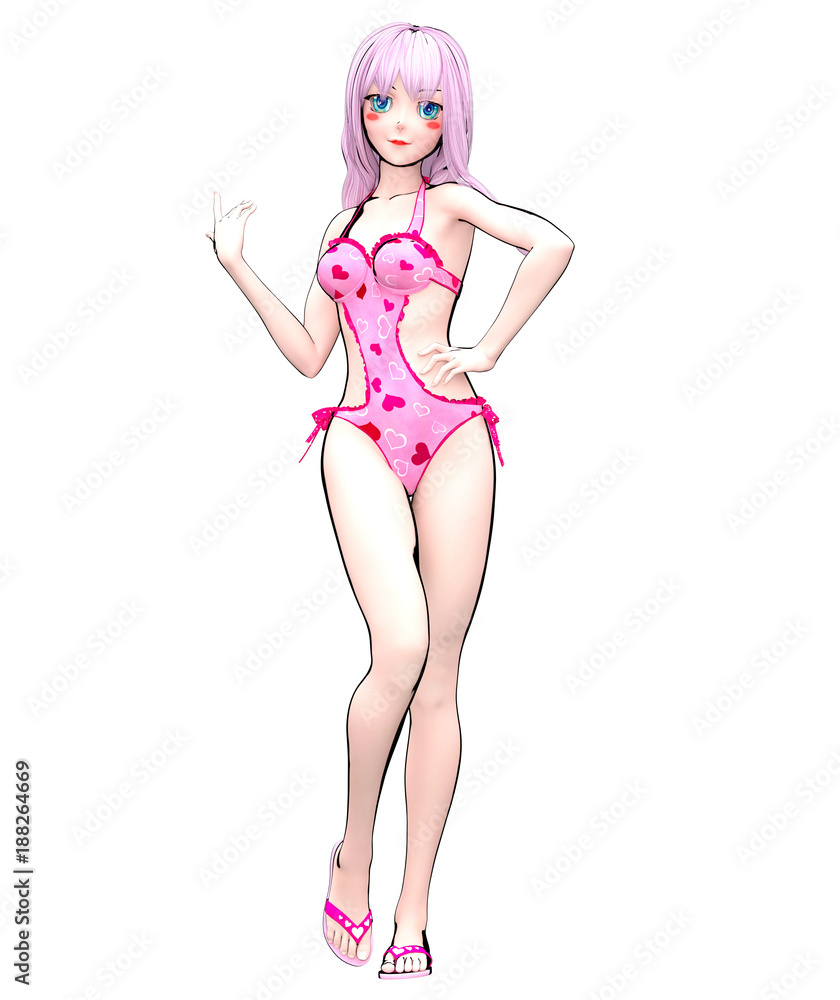 3D sexy anime doll girl big blue eyes and bright makeup. Pink swimsuit with  hearts . Cartoon, comics, sketch, drawing, manga illustration. Conceptual  fashion art. Seductive candid pose. Stock Illustration | Adobe Stock