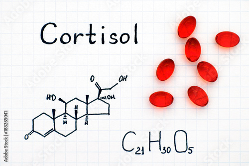 Chemical formula of Cortisol with red pills. photo