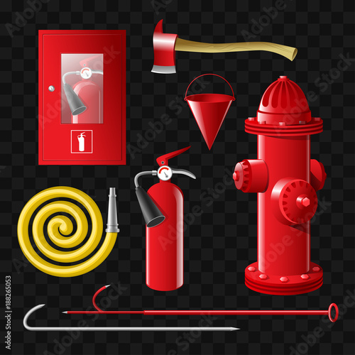 Firefighting equipment - set of realistic vector isolated objects