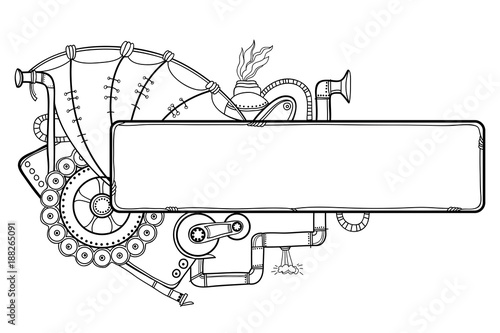 Vector drawing of outline steampunk horizontal frame with mechanical gears and pipes in black isolated on white background. Contour composition for steampunk design and coloring book.