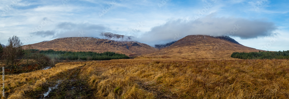 landscape view of scotland and a remote glen in the highlands of scotland during winter near stob ghabhar