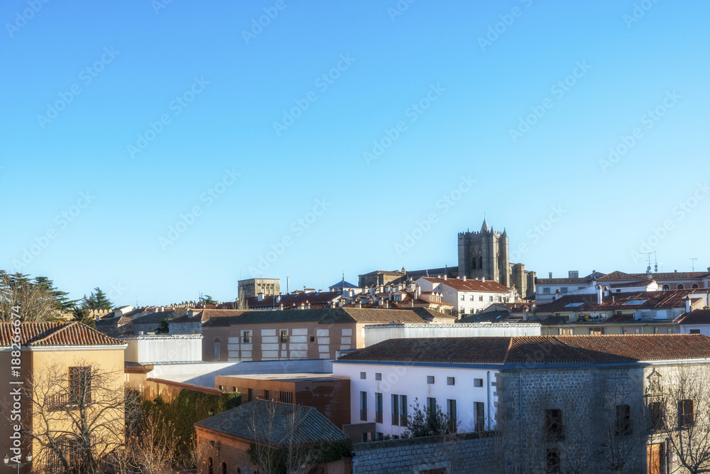 View of ancient town of Avila. Avila Cathedral on the background. (Castilla y Leon), Spain.
