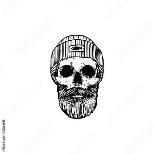 Fisherman skull with beard and skull cap/ Monochrome vector illustration