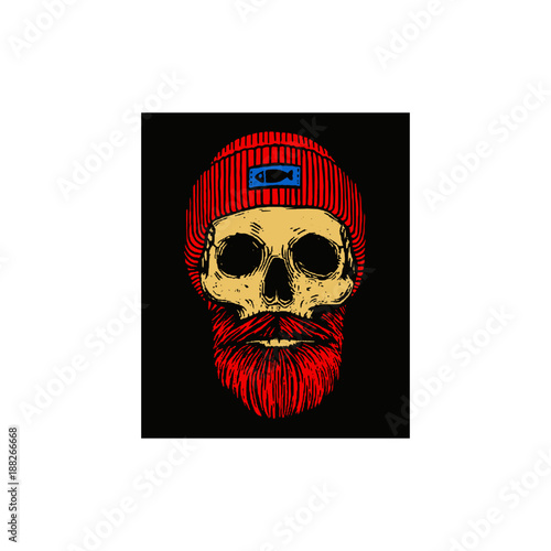 Fisherman skull with beard and skull cap/ Color vector illustration