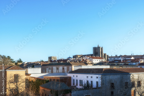 View of ancient town of Avila. Avila Cathedral on the background. (Castilla y Leon), Spain.