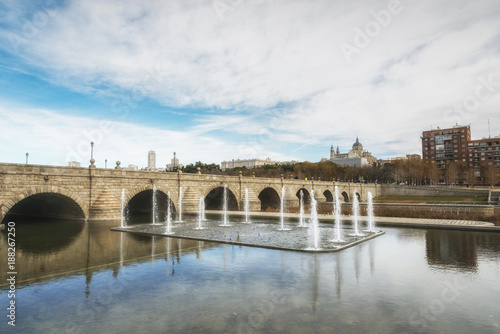 Fountains at the Segovia bridge on the Manzanares river. Madrid, Spain.