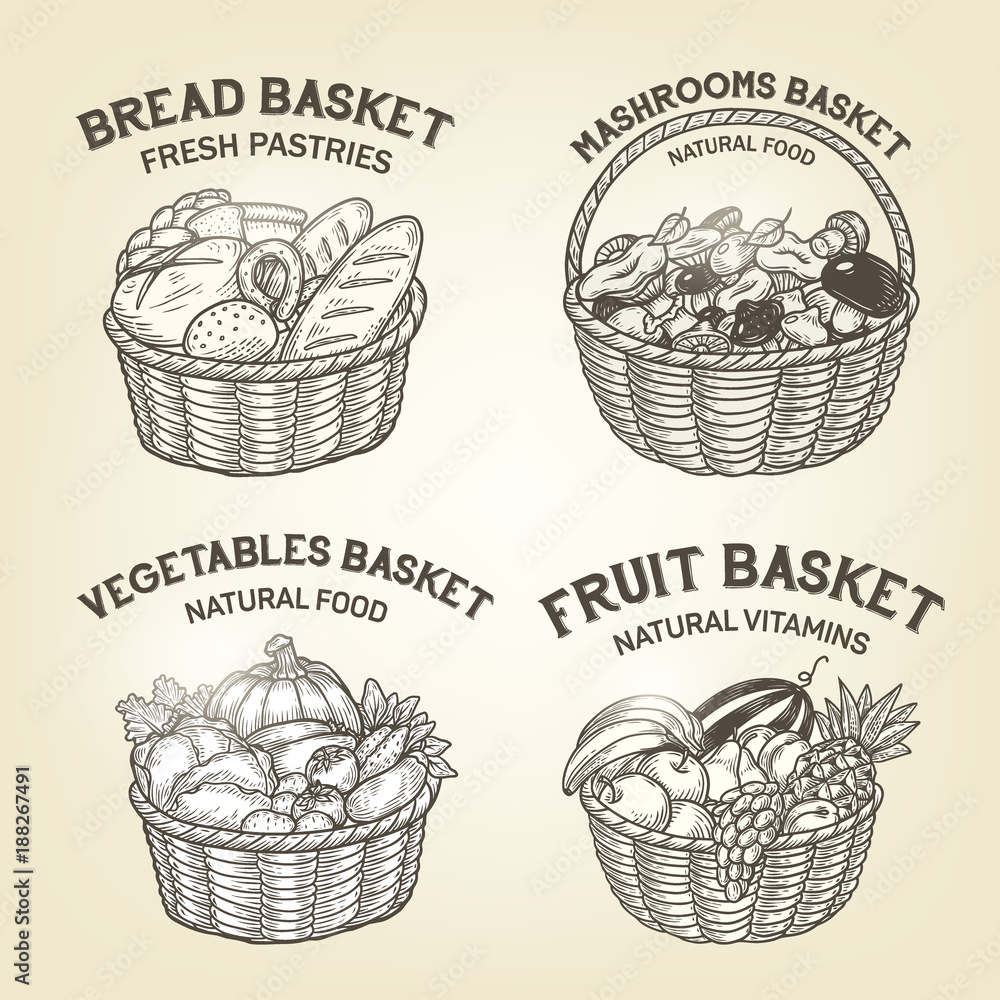 Set of baskets with diferent kinds of food. Vector sketch, meal colllection  of bread, fruits, vegetables and mushrooms. Tray logos are good for a logo  design or recipe book design. Stock Vector