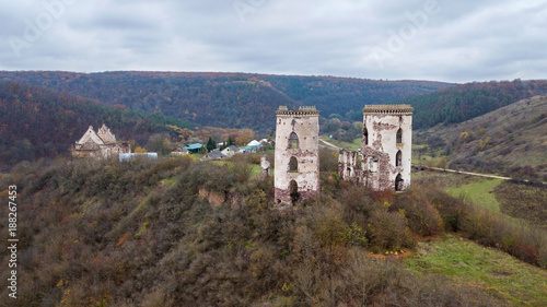 Aerial view on destroyed towers of the castle on the hill
