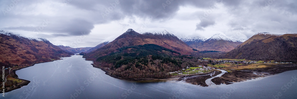 landscape view of scotland and glencoe village from an aerial viewpoint in landscape format