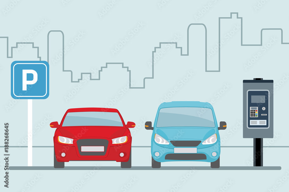 Fototapeta premium Parking lot with two cars and terminal for paying on light blue background. Flat style, vector illustration. 