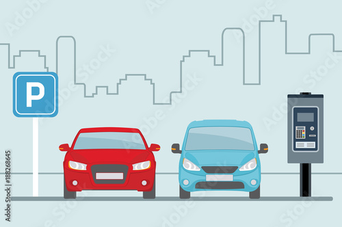 Parking lot with two cars and terminal for paying on light blue background. Flat style, vector illustration. 
