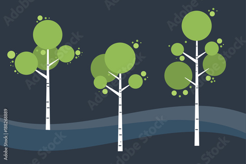 Tree birch in springtime, summer. Night landscape. Vector stylized.