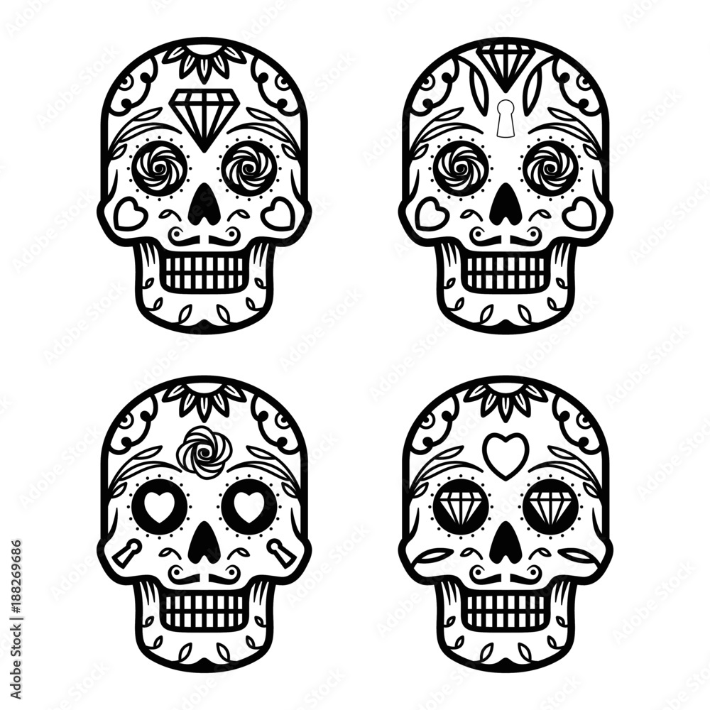 Set of monochrome sugar skulls Set of monochrome sugar skulls