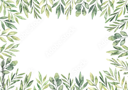 Hand drawn watercolor illustration. Botanical rectangular border with green branches and leaves. Spring mood. Floral Design elements. Perfect for invitations, greeting cards, prints, posters
