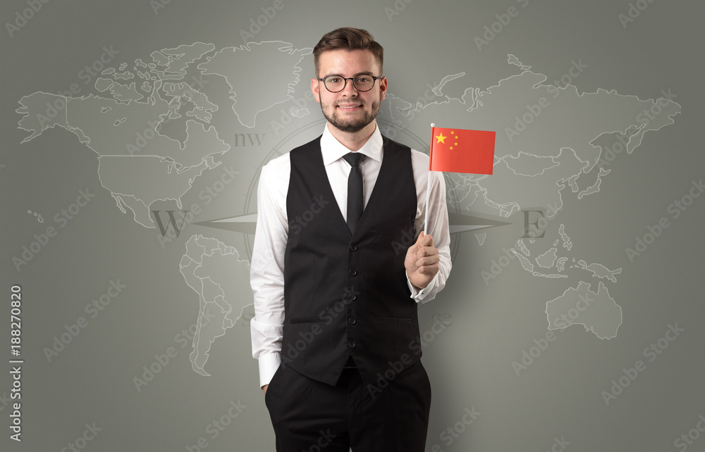 Man standing with flag and map background Man standing with flag and map background