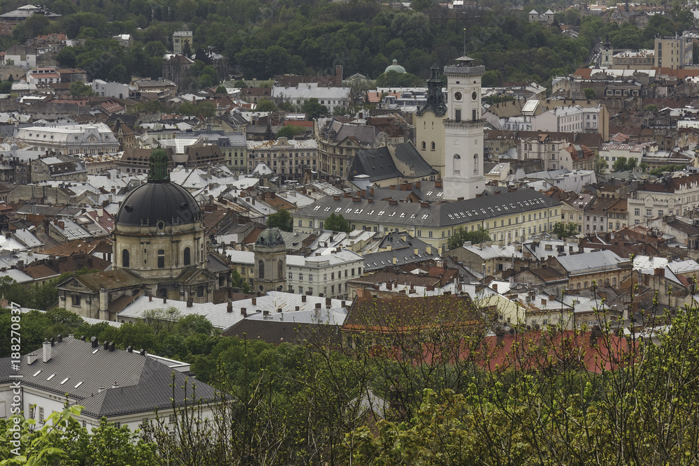 City landscape of the Lviv downtown, view of old city from the Zamkova Hora.