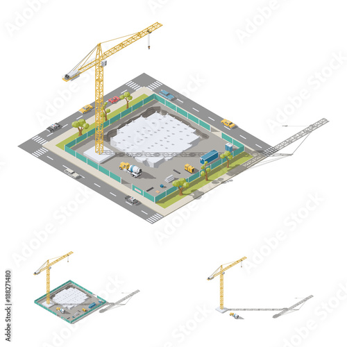 Pouring foundation of a residential building isometric lowpoly ion set