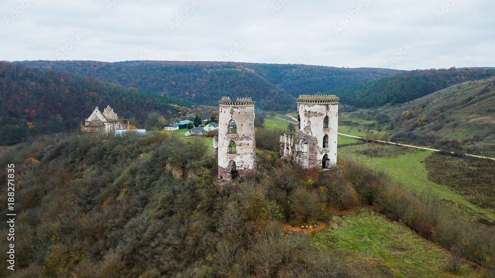 Aerial view on destroyed towers of the castle on the hill