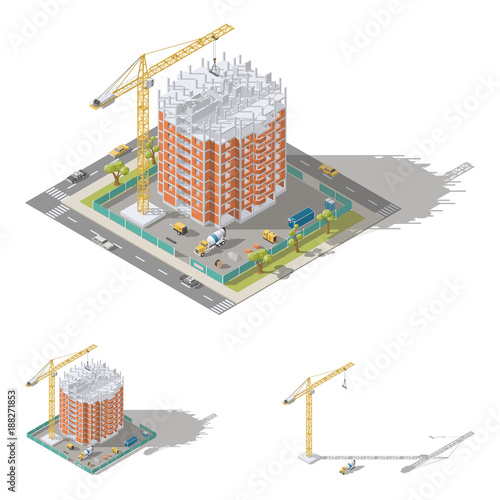 Building house, pouring a reinforced concrete frame, laying brick walls isometric icon set