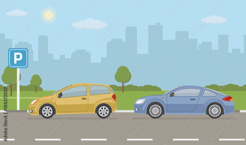 Parking lot with two cars on city background. Vector illustration. 

