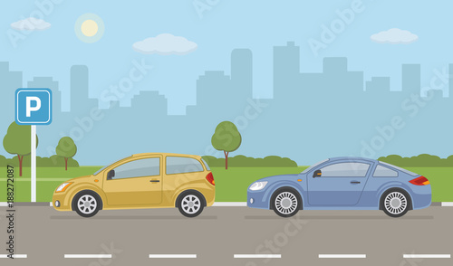 Parking lot with two cars on city background. Vector illustration. 