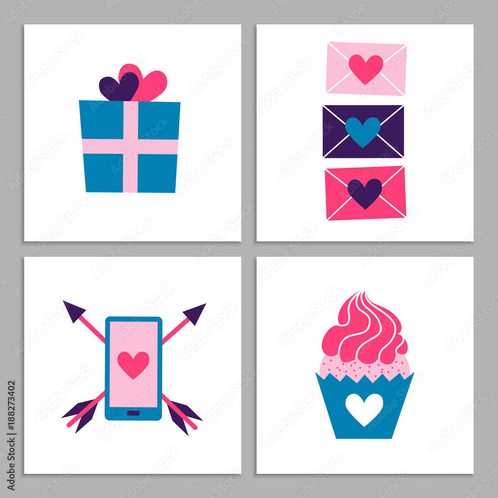 Set of cute romantic templates. Collection of flat illustrations with heart, gift, cupcake, flower, envelope. Modern colors vector design. Set of cute romantic templates. Collection of flat illustrations with heart, gift, cupcake, flower, envelope. Modern colors vector design.