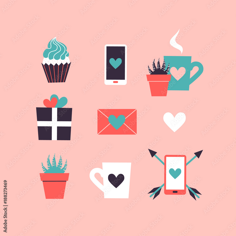 Set of cute romantic icons. Collection of flat illustrations with heart, gift, cupcake, flower, envelope. Modern colors vector design. Set of cute romantic icons. Collection of flat illustrations with heart, gift, cupcake, flower, envelope. Modern colors vector design.